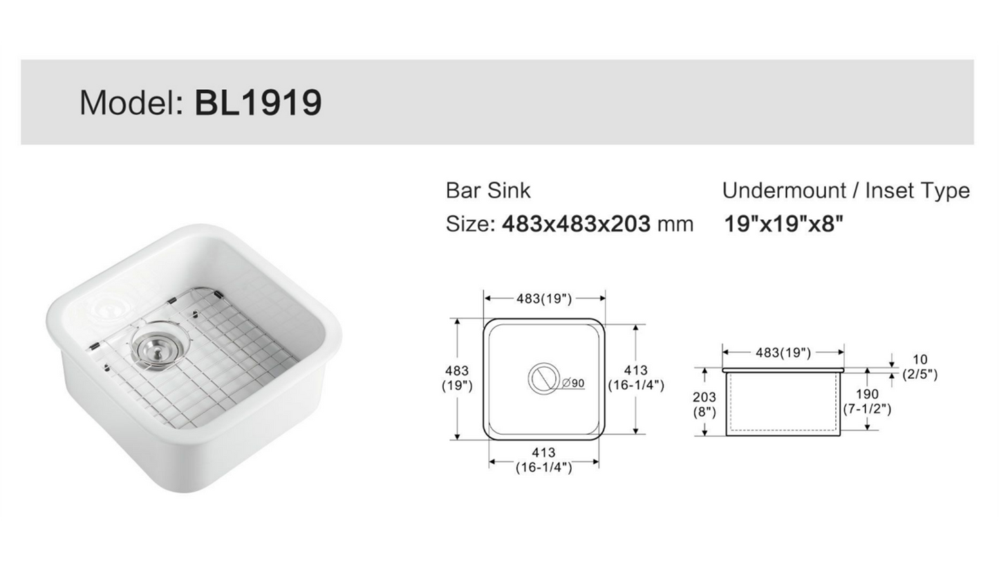 ZeroSink Ceramic Undermount Bar Sink BL1919 Bundle - Premium Gallery View