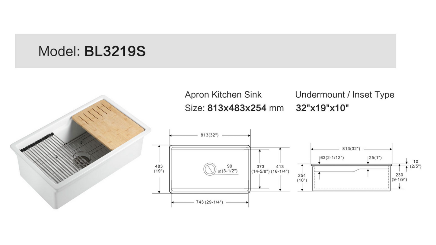 ZeroSink Ceramic Undermount Kitchen Sink BL3219S Bundle - Premium Gallery View