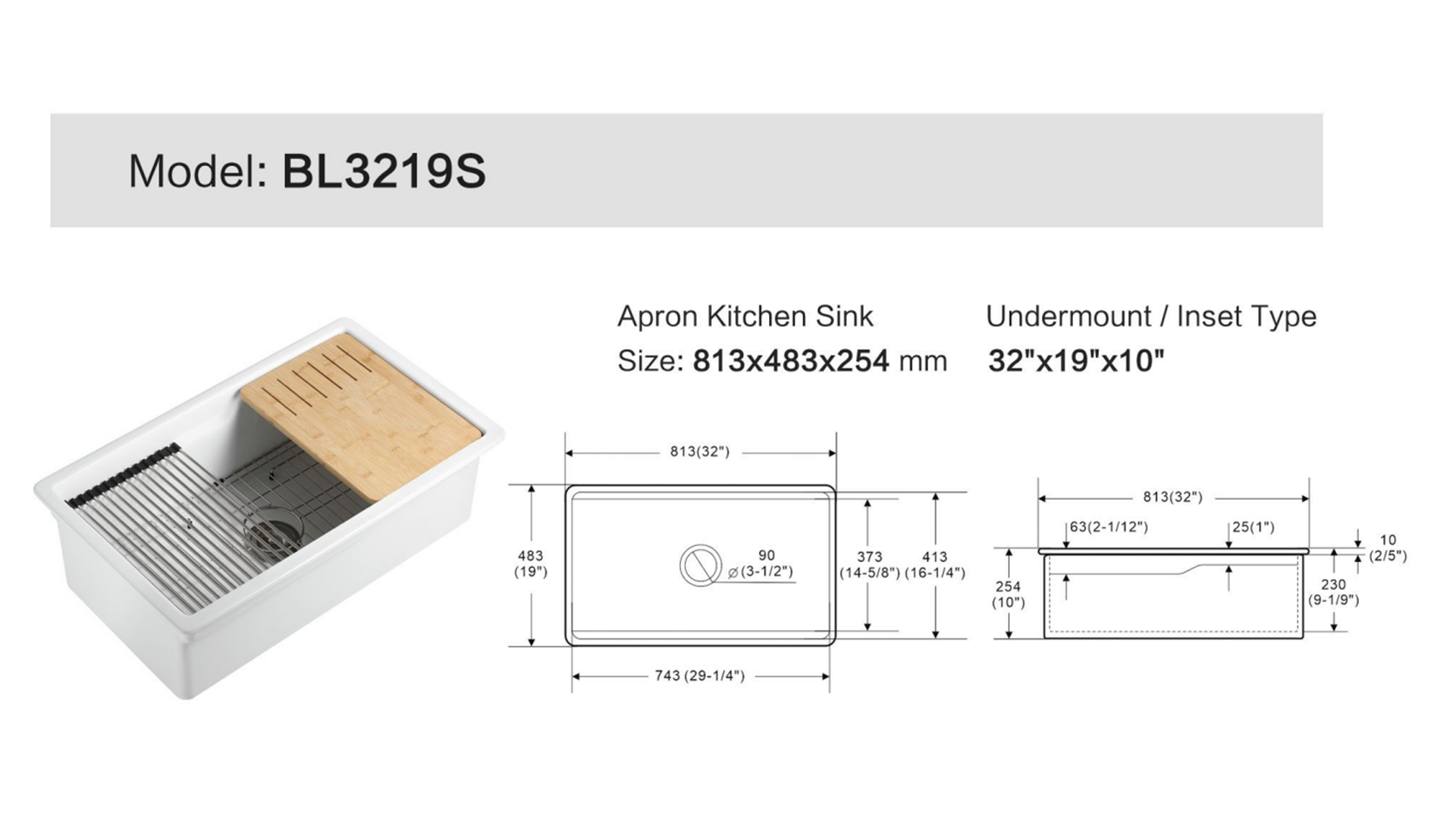 ZeroSink Ceramic Undermount Kitchen Sink BL3219S Bundle - Premium Gallery View
